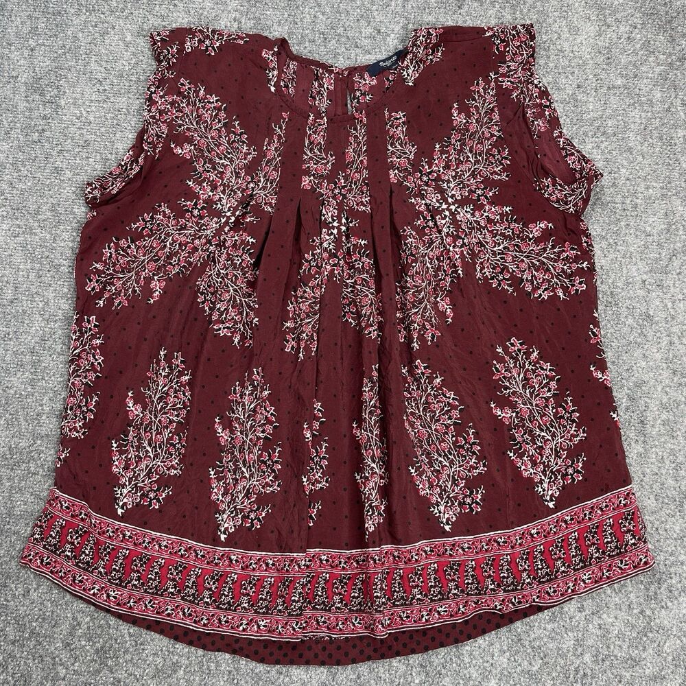 Madewell Silk Garden Top Size Large Maroon Lassi Flower Cap Sleeve Pleated - Picture 1 of 8